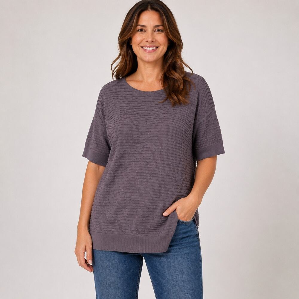 Calvin Klein Jeans Womens Pullover Sweater Textured Knit Short Sleeve Gray Large